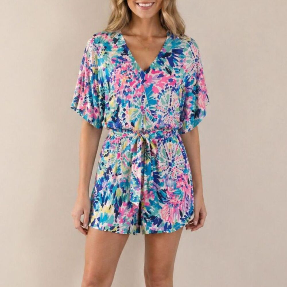 Lilly Pulitzer Madilyn Romper Multi Dive In Wrap Tie Waist Flutter Sleeve